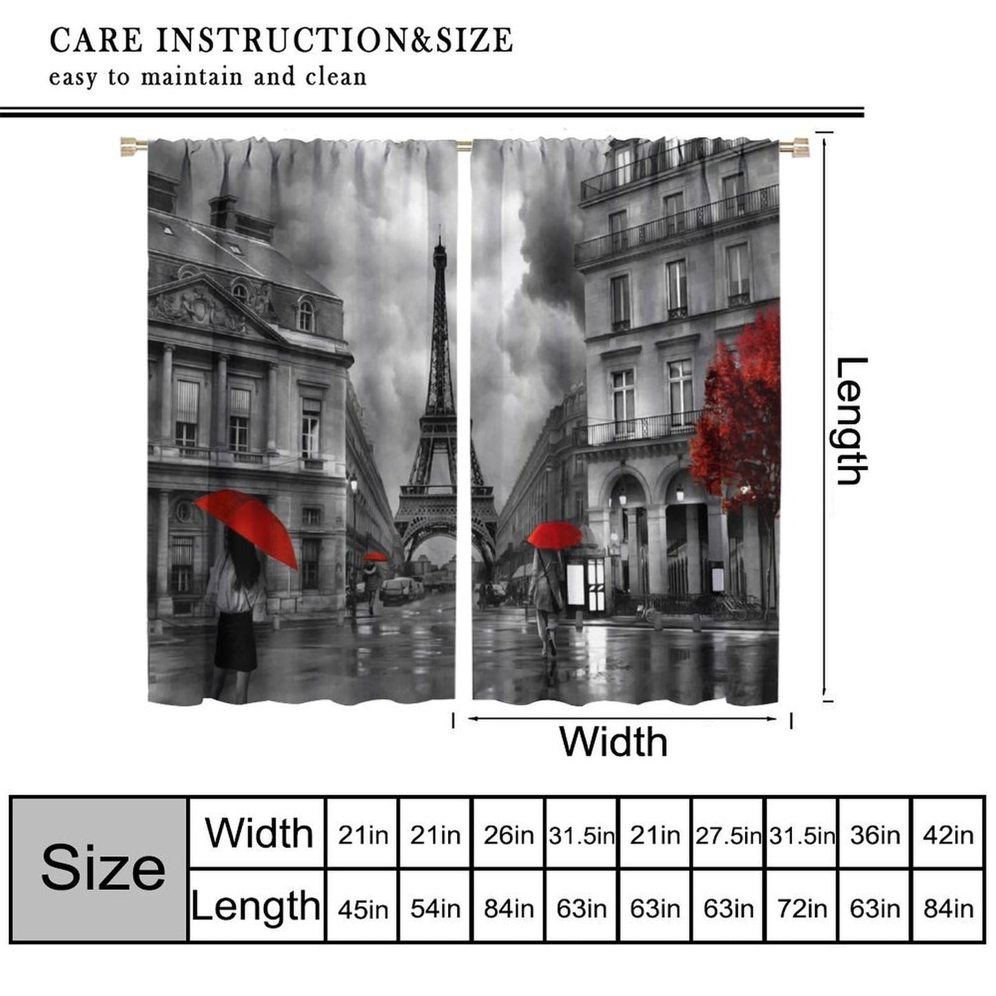 Wallira Paris Eiffel Tower Curtains Black Red French City Romantic European Lady Stylish Decor Rod Pocket Window Treatments for Girl Women Aldult Bedroom Living Restaurant Drapes 41" W X 45" L