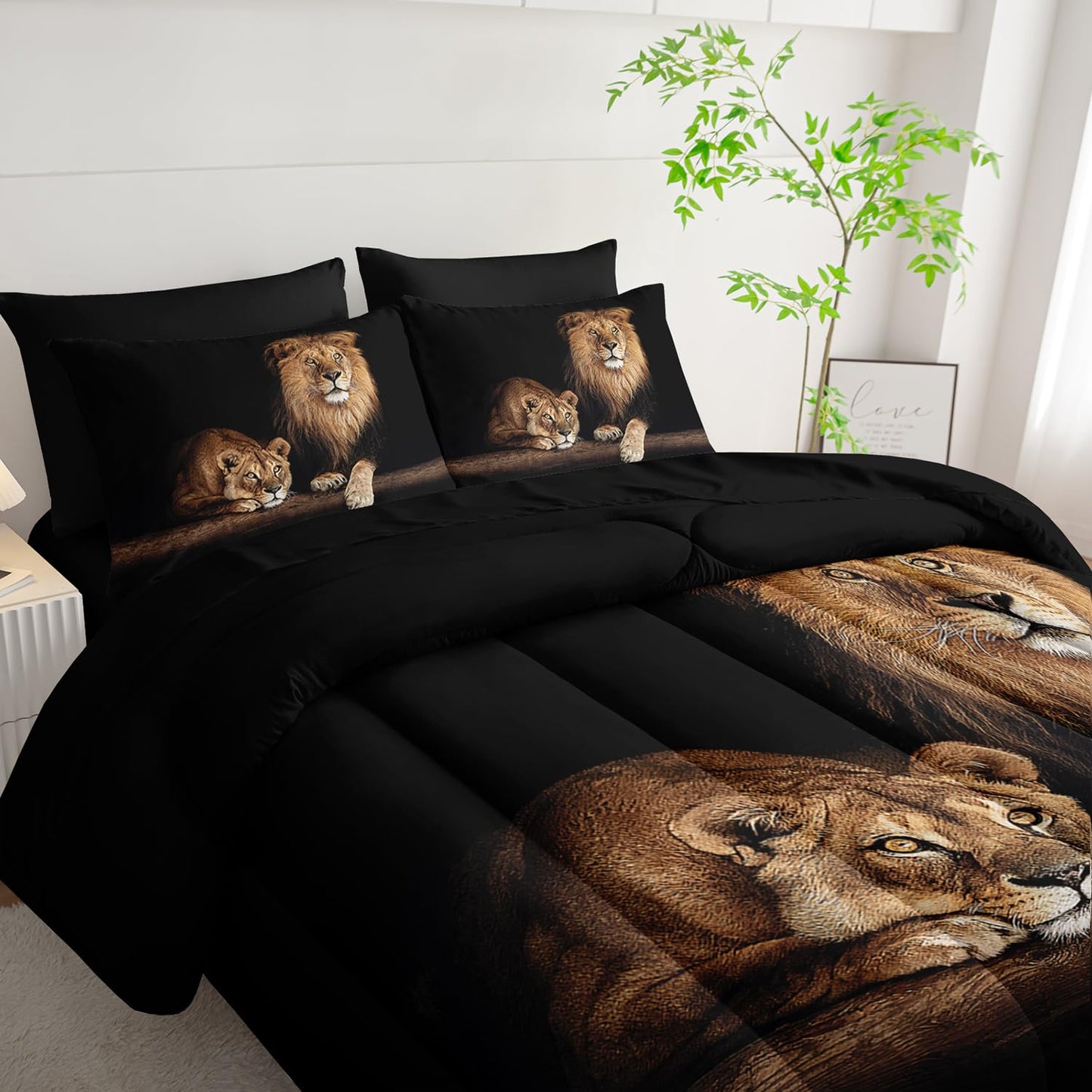Tuzaovy Lion Comforter Set 7 Piece Twin Size Bed in A Bag,Animal Bedding for Room Decor,Lion Comforter Tropical African Animal 3D Print Bedding with Fitted Sheet,Flat Sheet, Pillowcases & Shams
