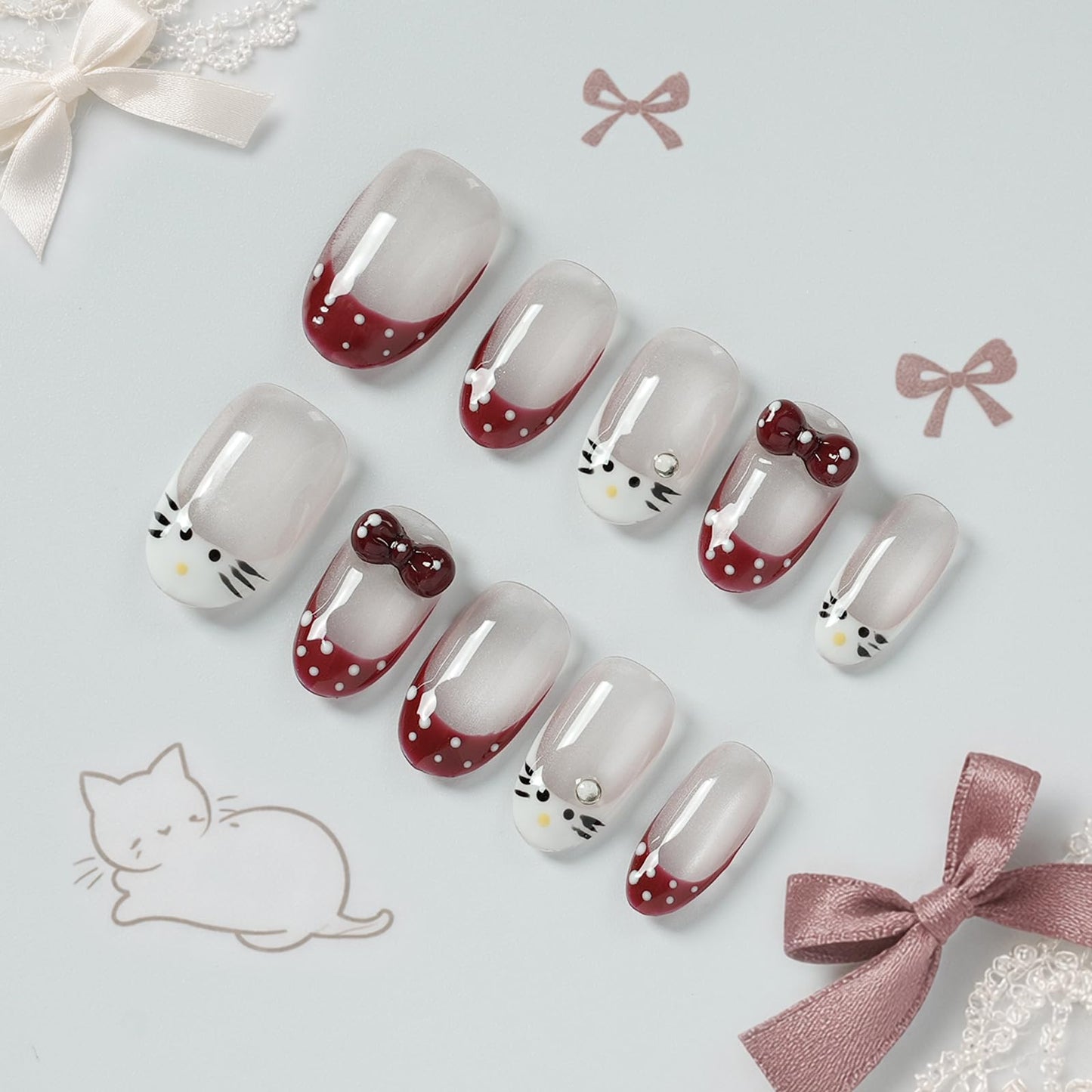 Tesytto Handmade Press on Nails Short Oval – Kawaii Cat Face 3D Bow Rhinestone Charm, Burgundy Gray Glitter French Tip False Nails, 10 Pcs Reusable Acrylic Nails (Cute Cat Polka,M)