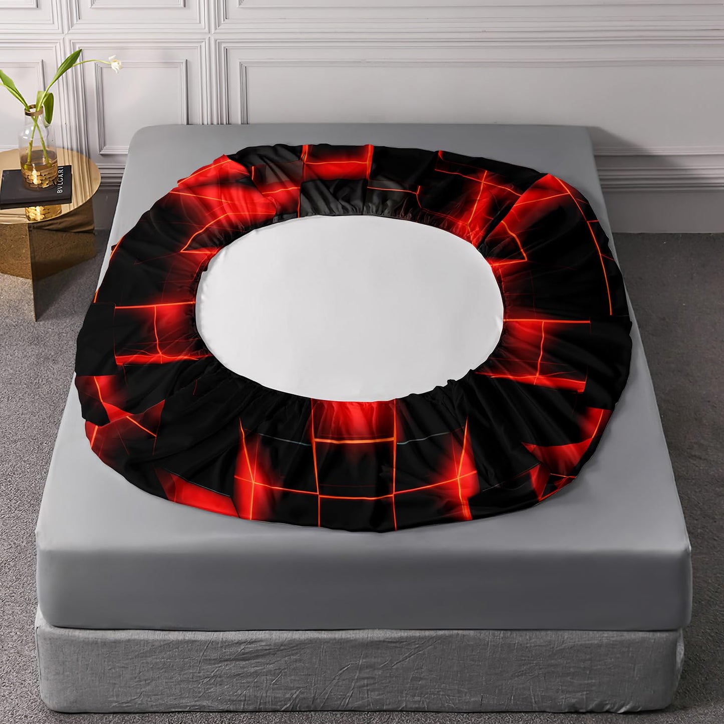 HOSIMA Honeycomb Twin Bedding Sets for Boys,Red Black Geometric Pattern Fitted Sheet for Kids Teens Girls Room Decor,Lightweight Red Neon Lights Bedding Twin Size,1 Fitted Sheet+2 Pillowcases.