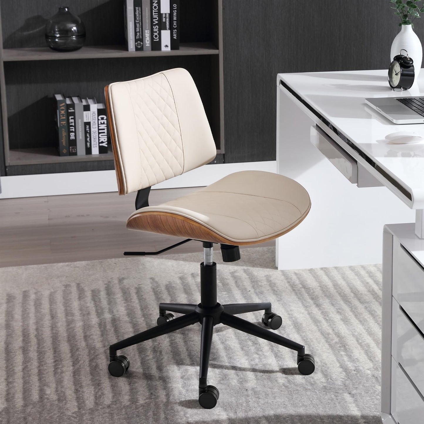 BERYTH Home Office Chair No Arms with Wheels, Adjustable Height Small Desk Chair, PU Leather Mid Back 360 Swivel Computer Chair, Armless Modern Walnut Chair for Office, Reading Meeting Room(Beige)