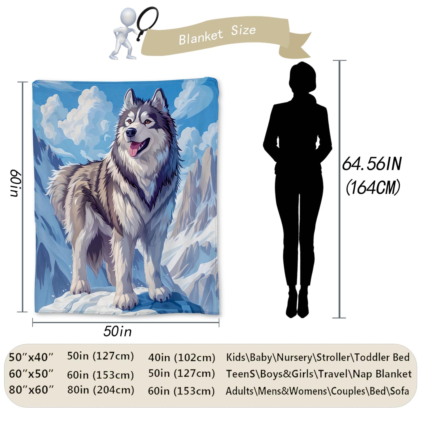 Ti Caldi Majestic Husky in Snowy Mountains Blanket - Soft Lightweight Cozy Flannel Throw Blanket for Adults Kids Women, Warm Fuzzy Blankets for Couch, Bed, Travel, Home Decor, Living Room 60×50 in