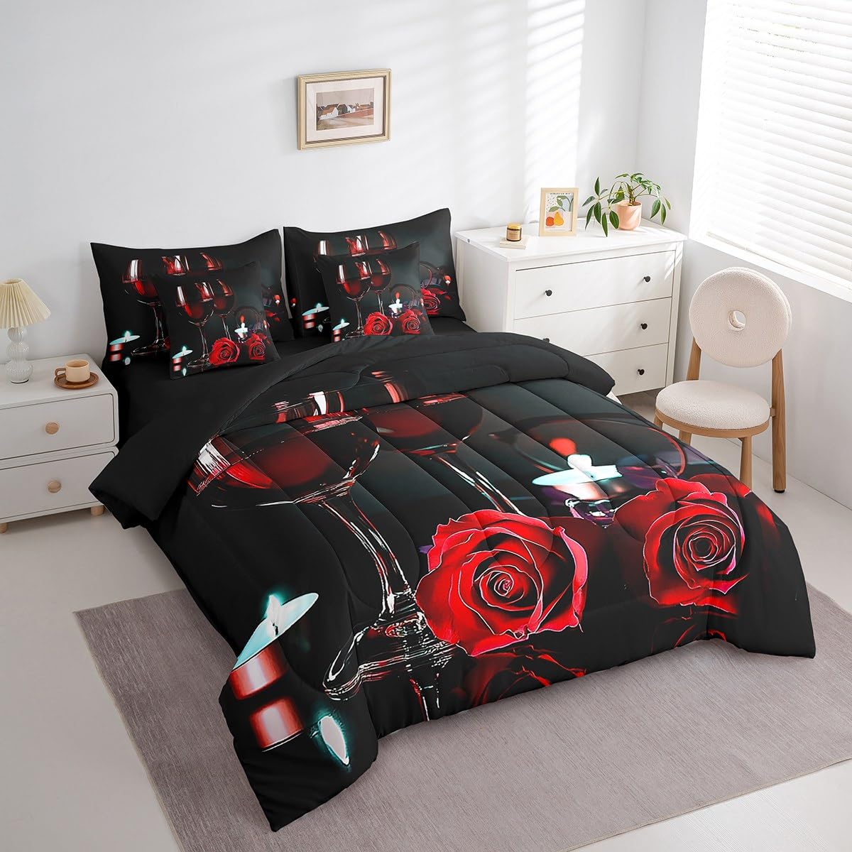Erosebridal Red Rose 7 Piece Comforter Set Full Bed in A Bag Romantic Valentine Bedding Set for Grils Women Wine Glass Candles Duvet Insert Rose Floral Petals Sheet Set with Comforter