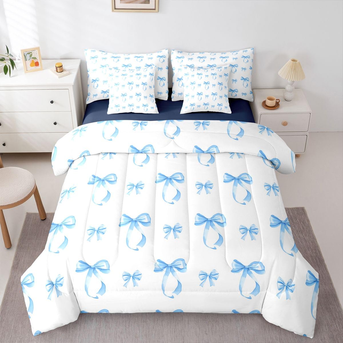 Erosebridal Cute Ribbon Bowknot Full Size Comforter Set,Bows 7-Piece Bed in A Bag,Blue Princess Sheets and Pillowcases,Modern Simple Bow Knot Bedding Set Room Decor