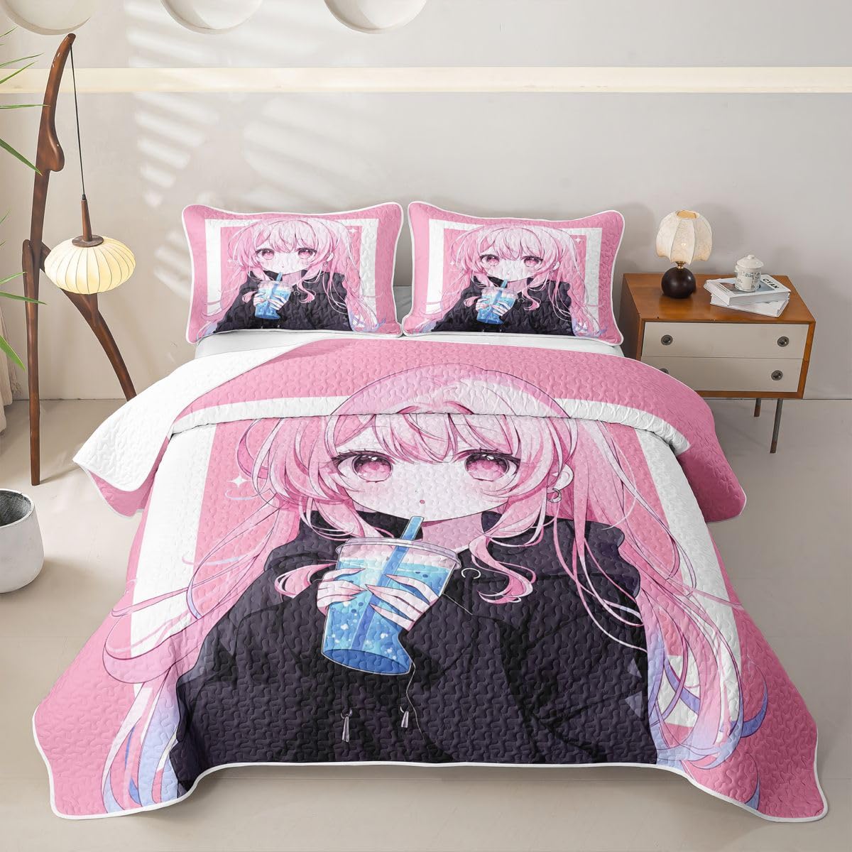Erosebridal Kawaii Japanese Style Quilts Twin Size - Anime Girl Drinking Milk Tea Bedspread Coverlet Set, Japanese Animation Quilt Coverlets 2Pcs (Only 1 Pillowcase)
