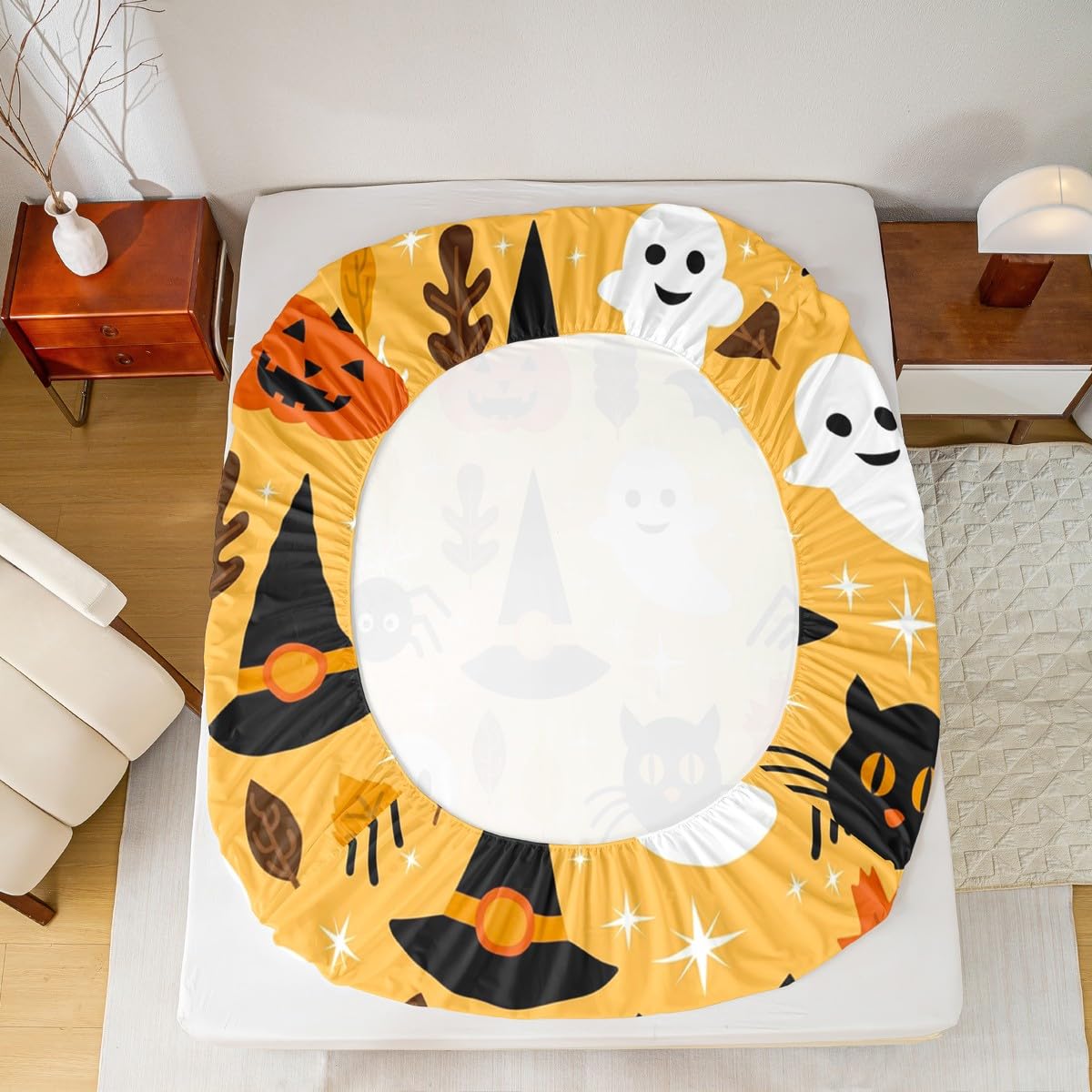 Erosebridal Halloween Bed Sheet Set Full Cartoon Pumpkin Fitted Sheet Lantern Bedding Set Ghost Quilt Set for Kids Boys Girls 4 Pcs Bed Cover (1 Fitted Sheet,1 Flat Sheet,2 Pillowcases) Orange