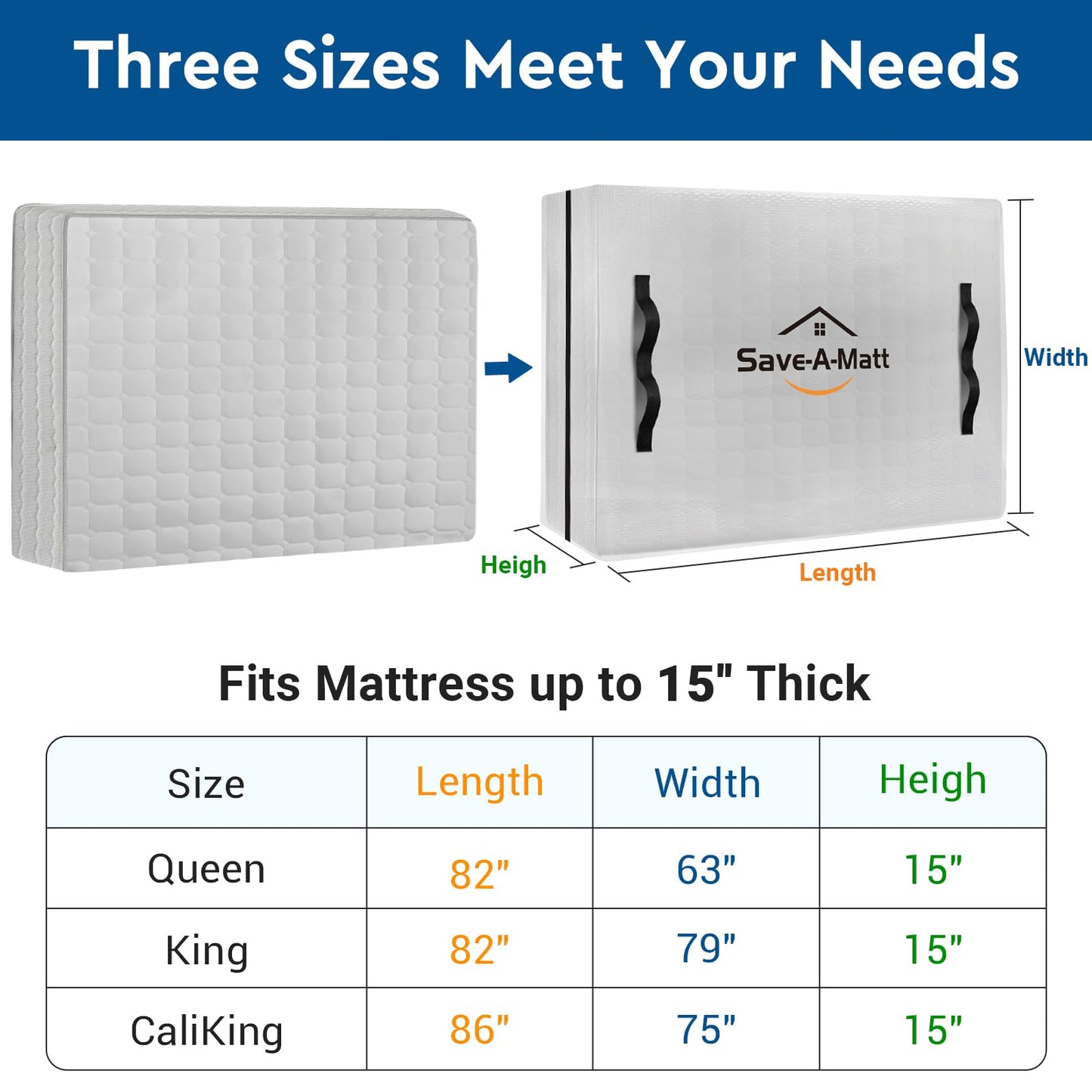 SaveAMatt Mattress Bags for Moving -Extra Thick Queen Mattress Storage Bag, 8 Strong Handles & Reinforced Stitching, Waterproof Reusable Clear Mattress Cover Protector (82’’x63’’x15’’ Queen Size)