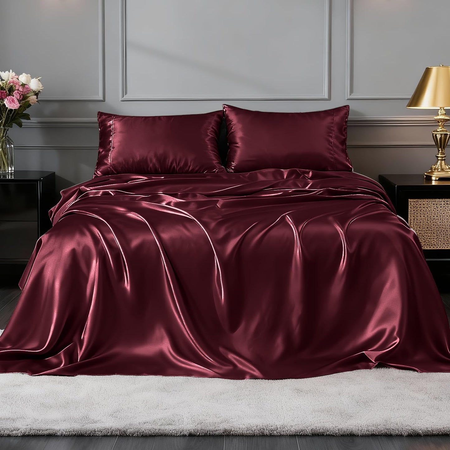 FreshCulture Satin Sheets Full Size - 4 Piece Luxury Soft Silky Full Size Bed Sheets, Similar to Silk Bed Sheet Set with 1 Deep Pocket Fitted Sheet, 1 Flat Sheet & 2 Pillowcases (Burgundy)