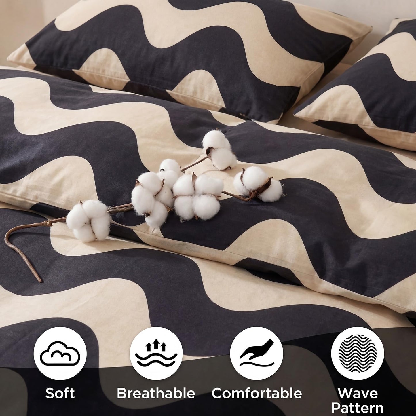 Cozaline 100% Cotton Duvet Cover Queen Size,Cream White Black Geometric Striped Pattern Bedding Set with Zipper Closure, 3 Pcs Breathable and Soft Minimalist Modern Duvet Cover