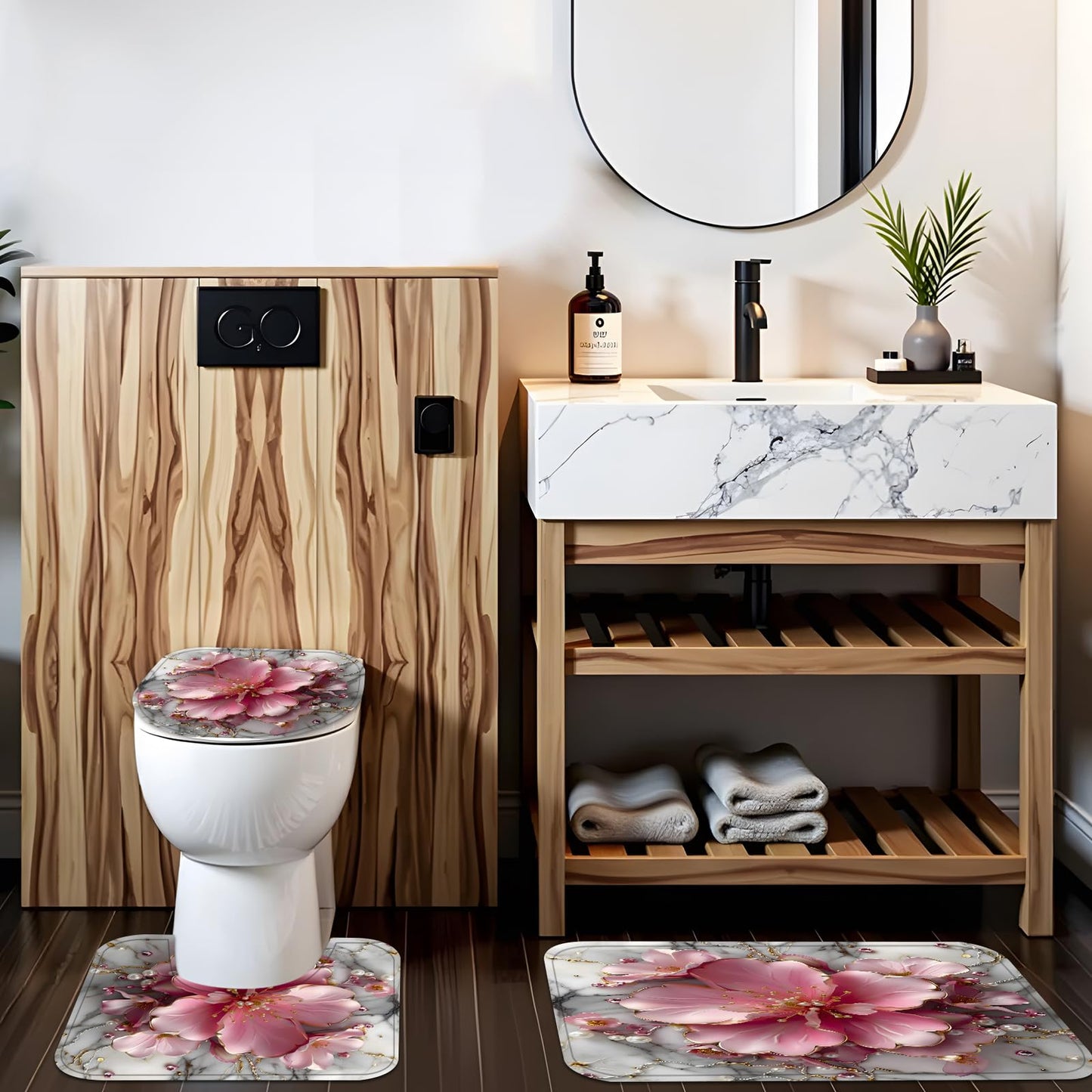AZHM 4Pcs Pink 3D Floral Bathroom Shower Curtain Set Modern Marble Shower Curtain and Rugs Spring Flower Bathroom Set with Accessories and 12 Hooks