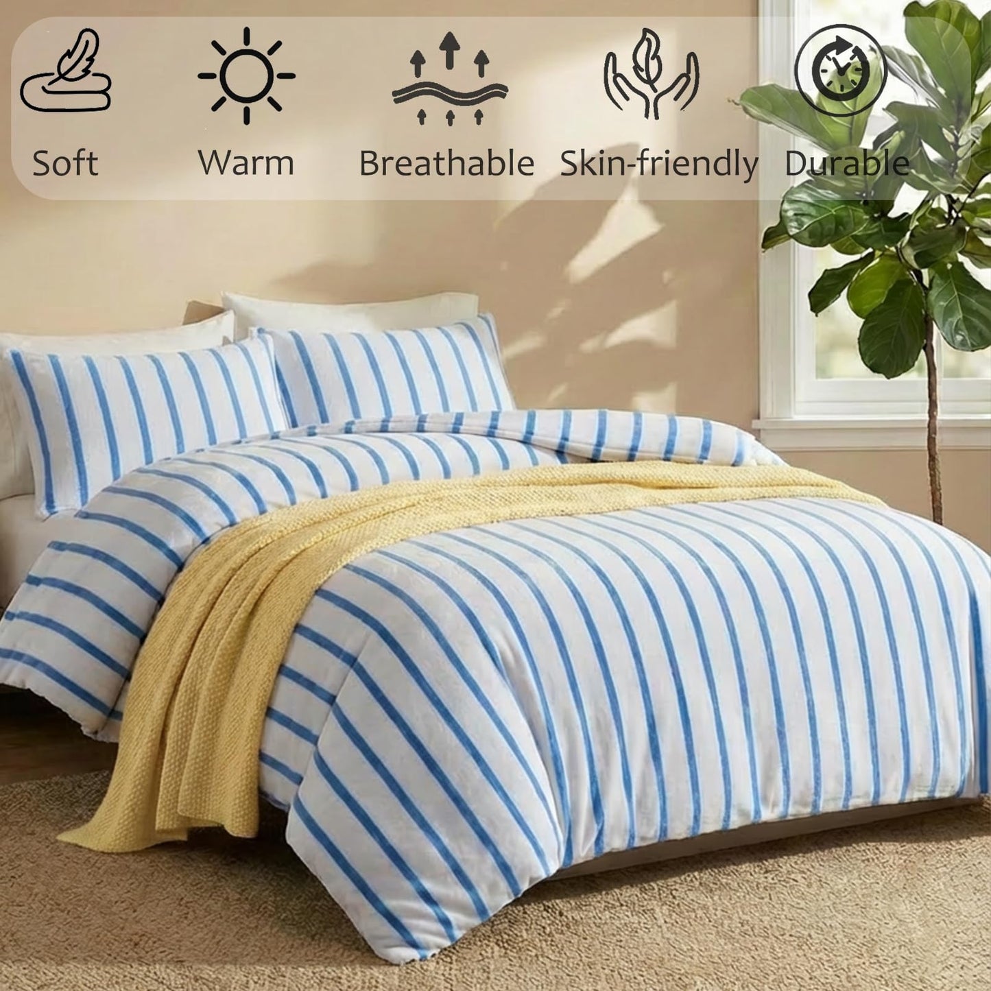 Bedbay Blue Striped Comforter Set King Size Microplush Fleece Bedding Set Ultra Soft & Warm Flannel Velvet Comforter Set 3 Pcs Blue White Stripes Pattern King Bed Set for All Seasons