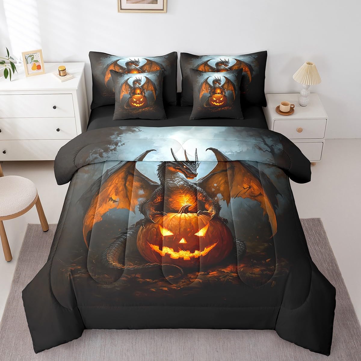 7 Pieces Halloween Pumpkin Dragon Comforter Set Queen,Moonlight Wild Animal Bed Set for Kids Boys Girls,Black Bedding(1 Comforter,1 Fitted Sheet,1 Flat Sheet,2 Pillowcases,2 Throw Pillow Cover)