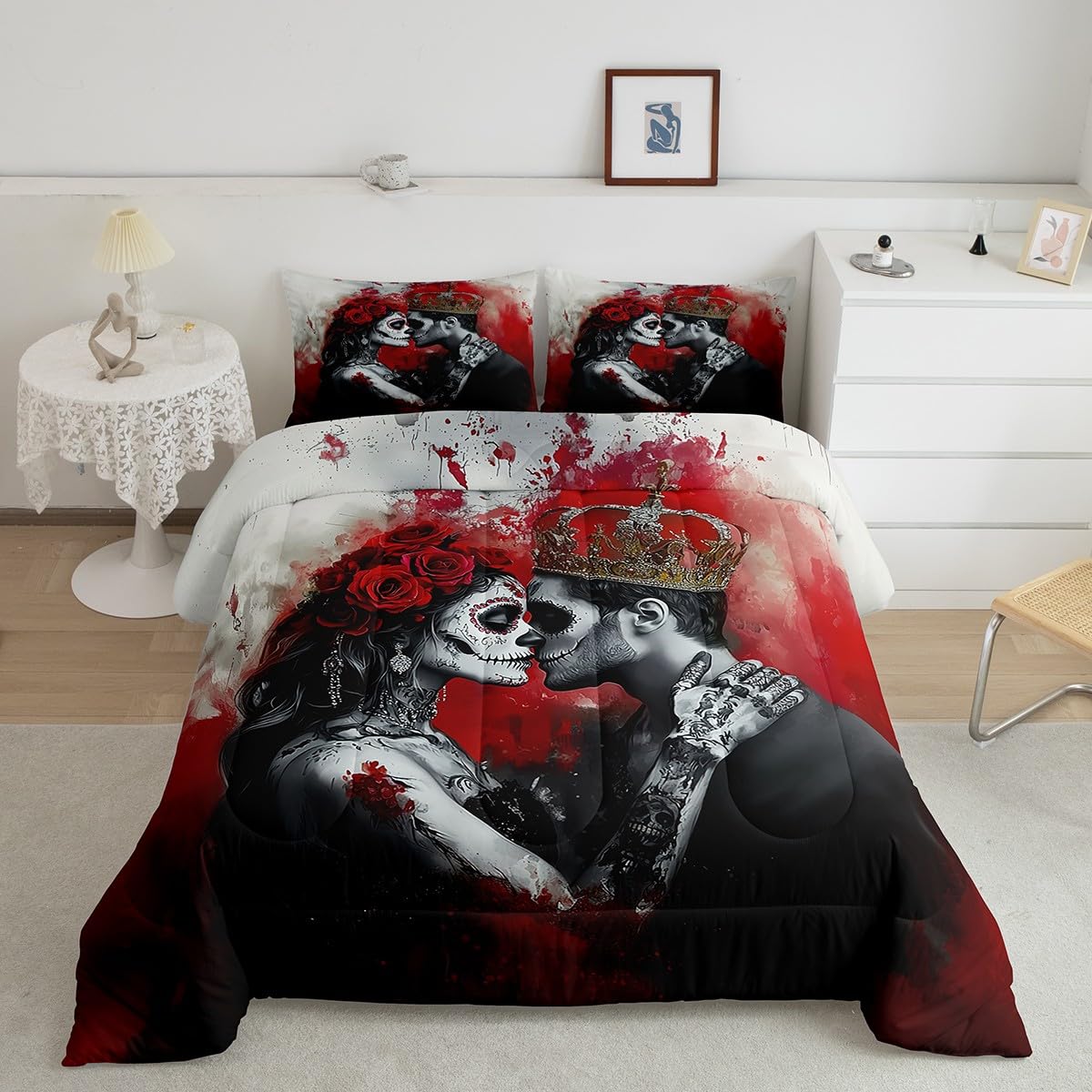 Erosebridal 3D Couple Skull Bedding Set King Size,Romantic Gothic Lover Comforter Set,Valentine's Day (Comforter+Fitted+Flat Sheet+2 Pillowcases+2 Throw Pillow Covers) 7 Pieces Blood Print Bed Set