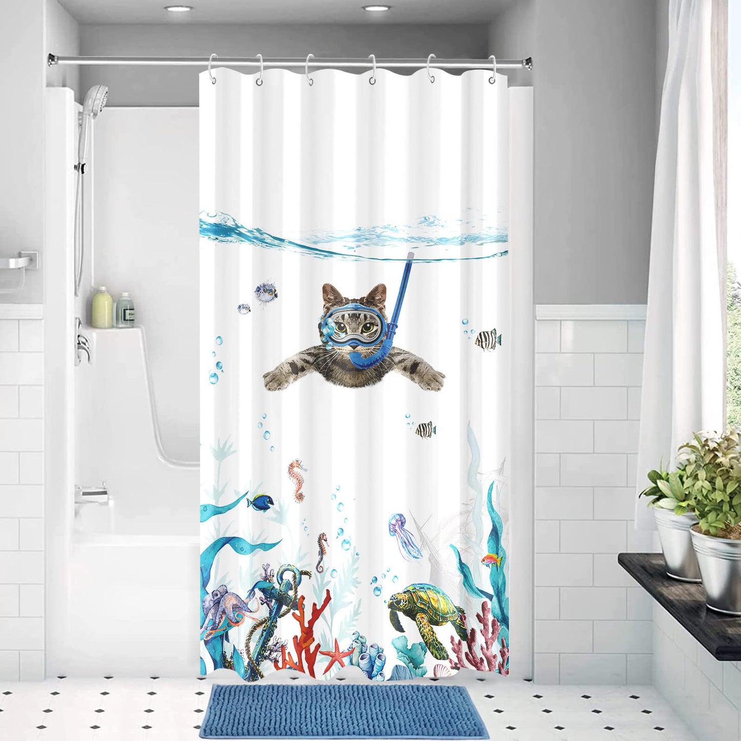 Fowocu Funny Cat Stall Shower Curtain Set Teal Blue Sea Ocean Waterproof Fabric Shower Curtains with Animal Octopus Starfish Turtle Anchor Fish Nautical Bathroom Curtain Decor (Blue, 36''×72'')