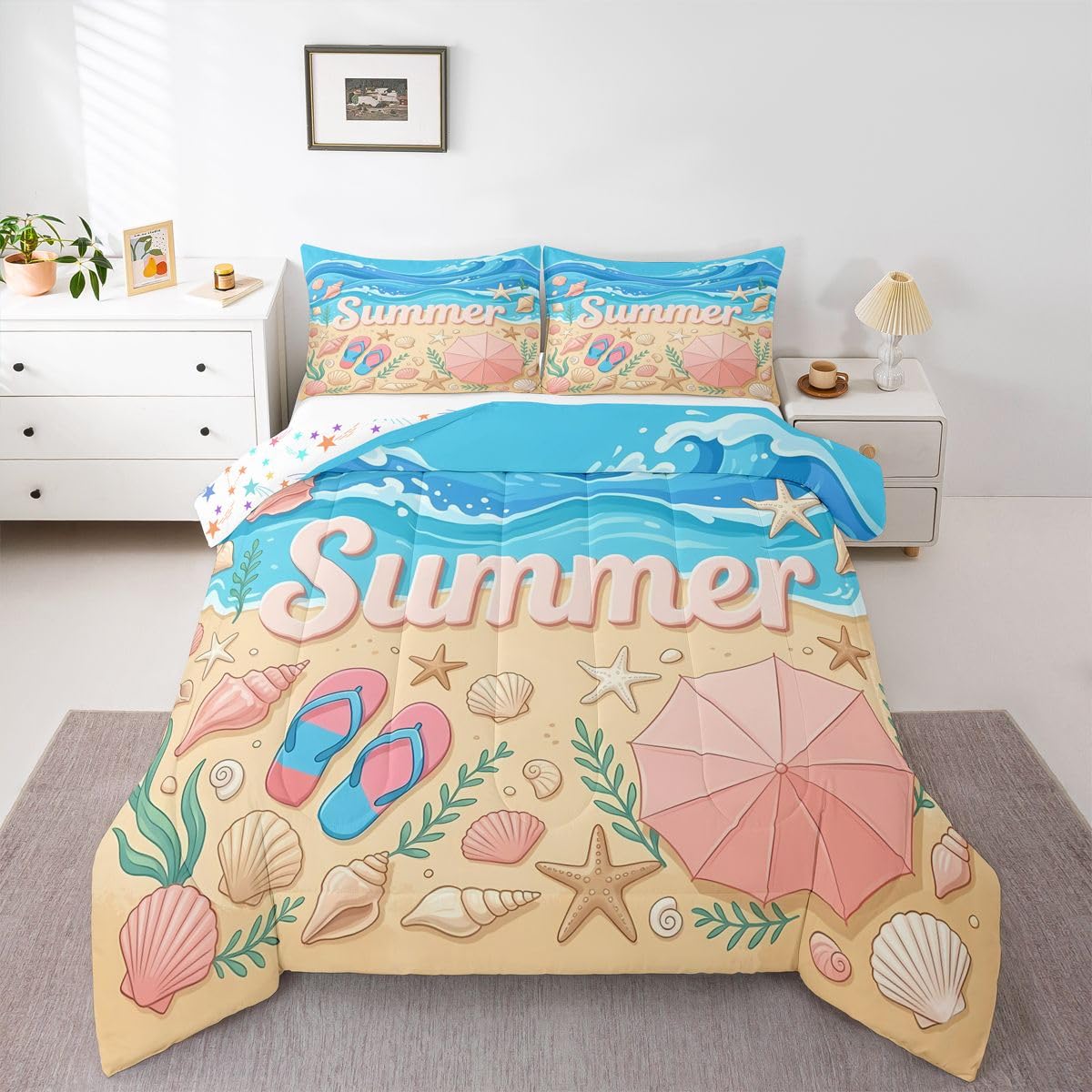 Castle Fairy Queen Size Summer Coastal Starfish Shell Conch Comforter Set with 2 Pillowcases-Blue Flip Flops Bedding for Kids Girls Room Decor,Tropical Hawaiian Beach 3 Pieces All Season Duvet Insert