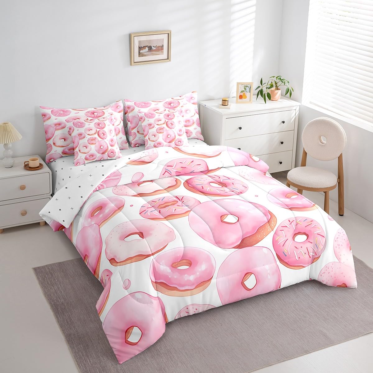 Erosebridal Cartoon Full Comforter Set 7-Piece Queen Dessert Cake Bedding Sets,White and Pink Bed in A Bag for Kids Girls Cartoon Style Bed Sheets Set Lightweight Soft Room Decor with 2 Pillowcase