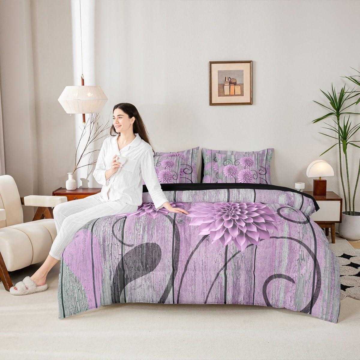 Erosebridal Dahlia Bed in A Bag Queen | Farmhouse Flower 7 Piece Comforter Set Floral Boho Sheet Set Breathable Lightweight Vintage Teal Wooden Fitted Sheet Reversible