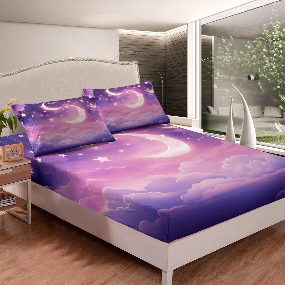 Moon Night Kids Fitted Sheet Full Size,Glitter Starry Sky Galaxy Dreamy Bedding Set,Boys Girls Room Decor,Moon Clouds Bed Cover,Purple Romantic Bed Sheet,2 Pillowcases