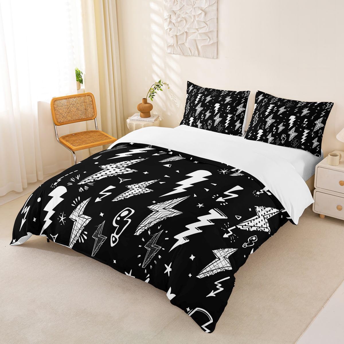 Homewish Lightning Duvet Cover Set Hand Drawn Doodle Lightning Bolt Bedding Set 3pcs for Kids Boys Thunderbolts Comforter Cover Microfiber Bedspread Cover with 2 Pillow Cases(No Comforter) King Size