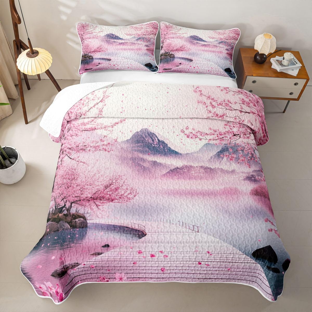 Erosebridal Pink Japanese Quilt Twin Size - Japanese Cherry Blossom Bedspread Watercolor Ink Painting Bed Coverlet with 1 Pillowcase