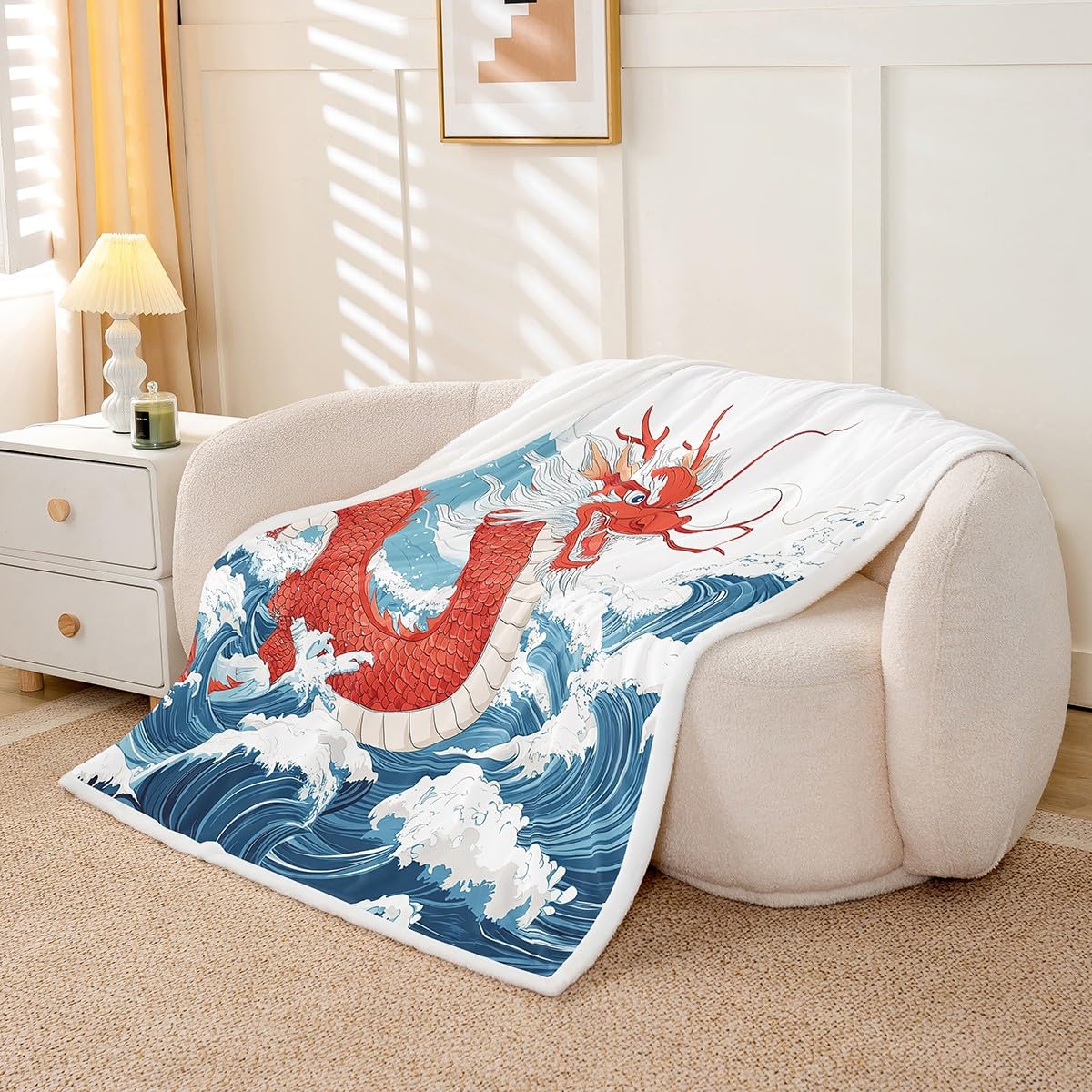 Erosebridal Dragon Throw Blanket Baby 30"X40" Wave Sherpa Blanket,Japanese Ukiyoe Plush Bed Blanket Exotic Animal Fleece Blanket for Kids Boys Teens Ancient Flannel Blanket