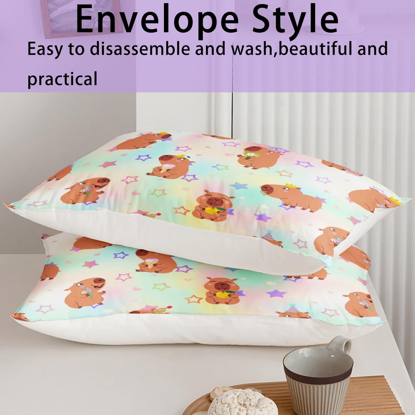AILONEN Kawaii Capybara Duvet Cover Set Full Size,Cute Cartoon Capybara Rainbow Bedding Set for Girls Kids,Lovely Animal Star Quilt Cover & 2 Pillowcases-3 Pieces