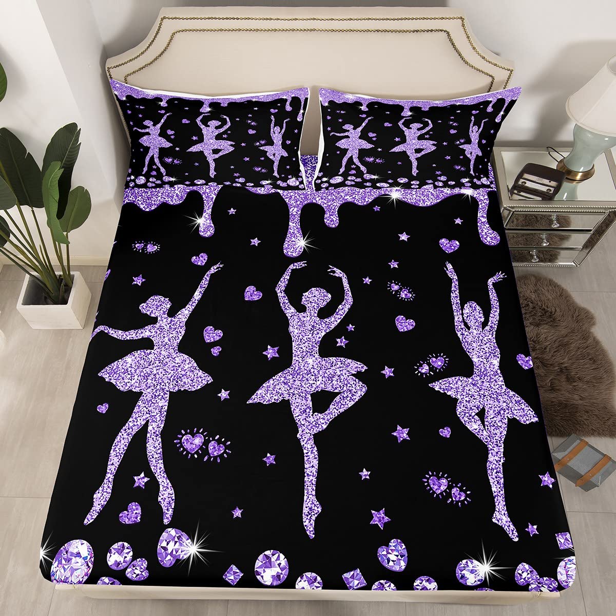 Erosebridal Purple Black Ballet Girls Fitted Sheet Full Ballet Dancer Bedding Set Glitter Sequins Diamond Bed Sheets Gifts for Ballerina,Love Hearts Stars Sheets 2 Pillow Cases Room Decor