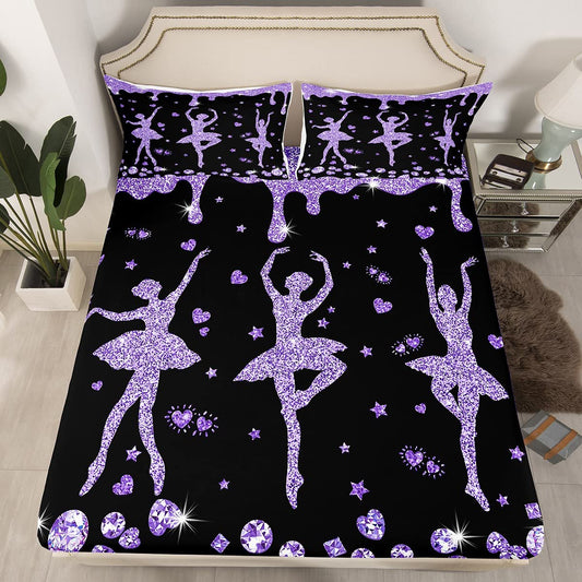 Erosebridal Purple Black Ballet Girls Fitted Sheet Full Ballet Dancer Bedding Set Glitter Sequins Diamond Bed Sheets Gifts for Ballerina,Love Hearts Stars Sheets 2 Pillow Cases Room Decor