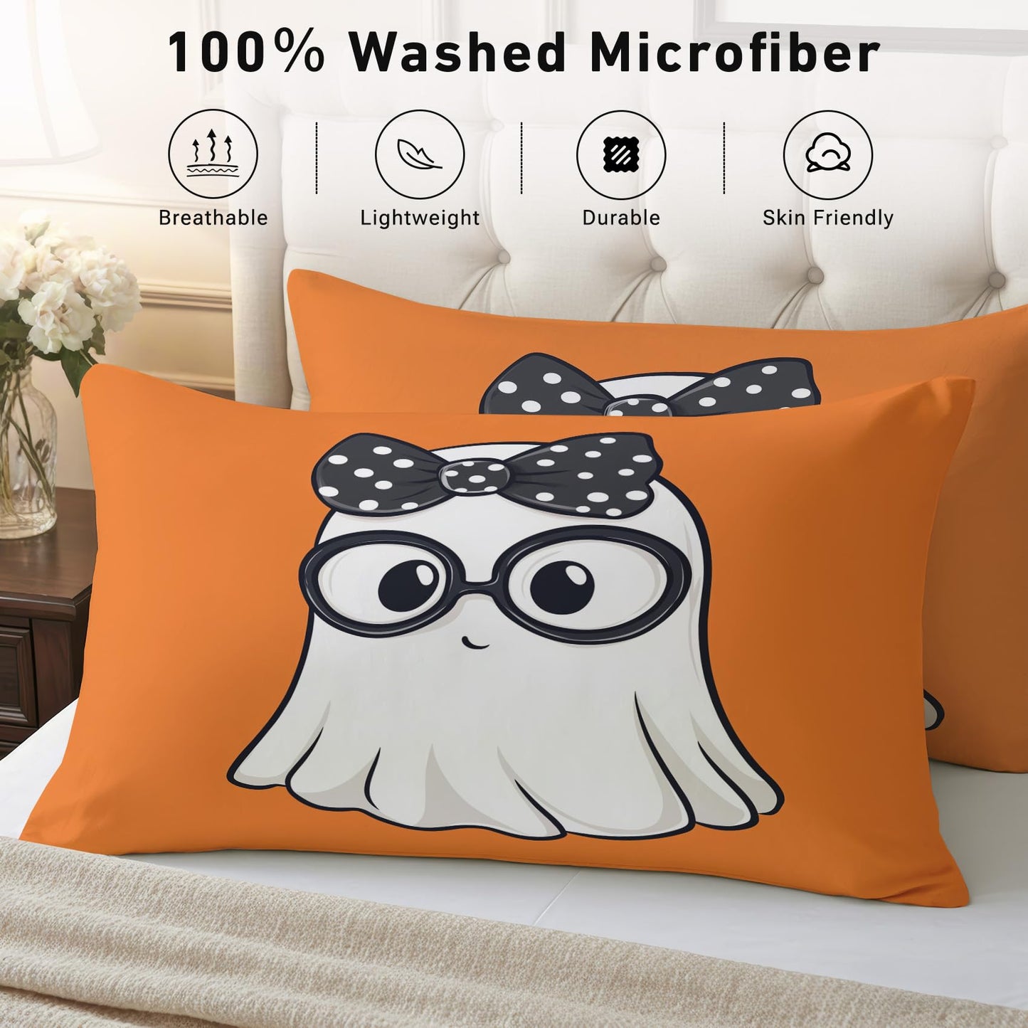Cartoon Ghost Sheets Twin Size - Kawaii Halloween Orange Bed Sheet Set - Deep Pocket Soft Microfiber Bedding Set 3 Piece - Fitted Flat Sheet Pillowcase - Ghost Bedroom Decor & Gifts