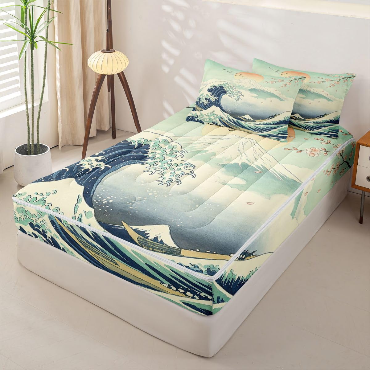 Feelyou Japanese Wave Comforter Set Full Size Zipper Bedding Set for Girls Boys Anime Comforter with Fitted Sheet, Pillowcases Japan Zipper Bedding Soft Breathable Bed in a Bag