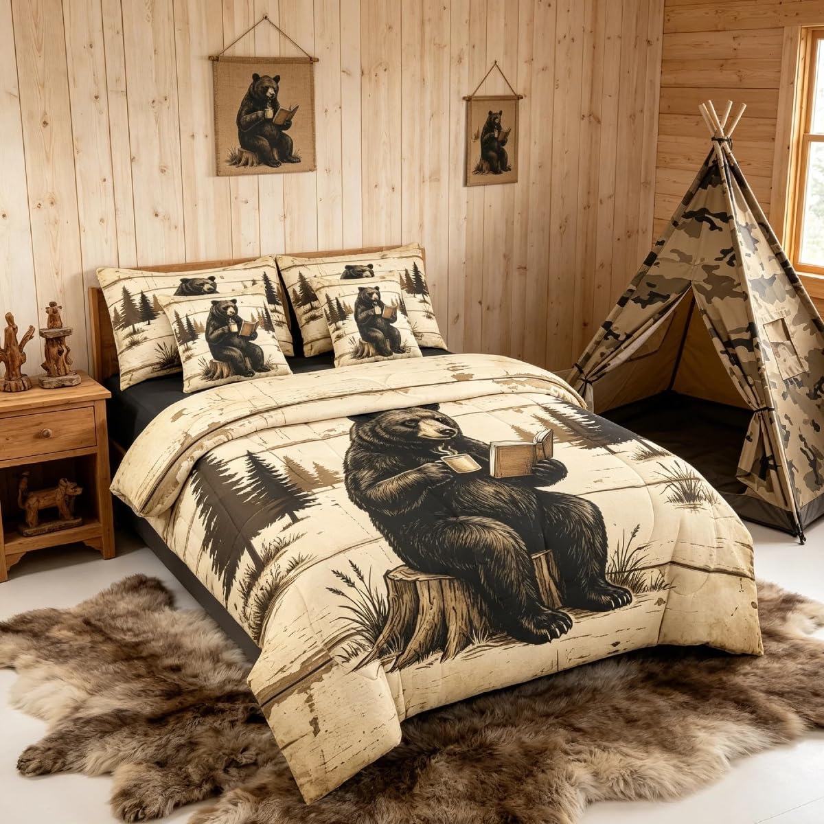Feelyou Bear Comforter Set Twin Size 7 Pieces Rustic Cabin Country Bedding Set for Kids Boys Girls Lake Life Bed in a Bag with Comforter, Sheets, Pillowcases, Cushion Covers Wild Animal Bedroom Decor