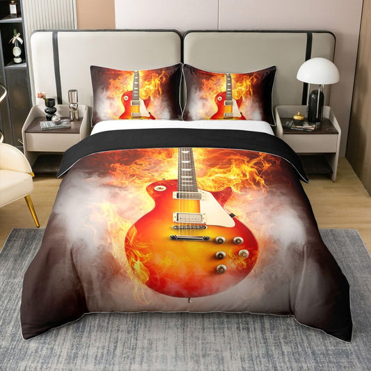 100% Cotton Guitar Comforter Cover Twin Size Rock Music Duvet Cover Electric Guitar Bedding Set Flame Pattern Quilt Cover for Kids Boys Girls Teens Young Man, Brown Bedroom Living Room Decor