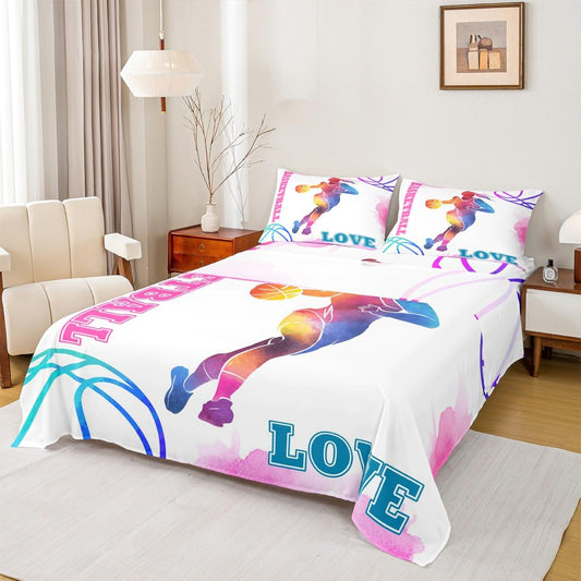 Basketball Lovers Kids Sheet Full Size,Modern Sports Games Competition Bedding Set,Girls Boys Adults Room Decor,Hand Painted Fashion Pink Purple Bed Sheet Set 4pcs(Fitted + Flat + 2 Pillowcases)