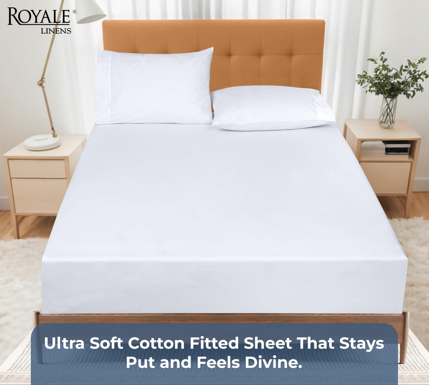 Royale Linens 100% Organic Cotton Fitted Sheet - Percale Weave - Super Soft Deep Pocket Bottom Sheets - White Elastic Sheet Full Size - Full Fitted Sheets Only - (54"x75"+15", White)
