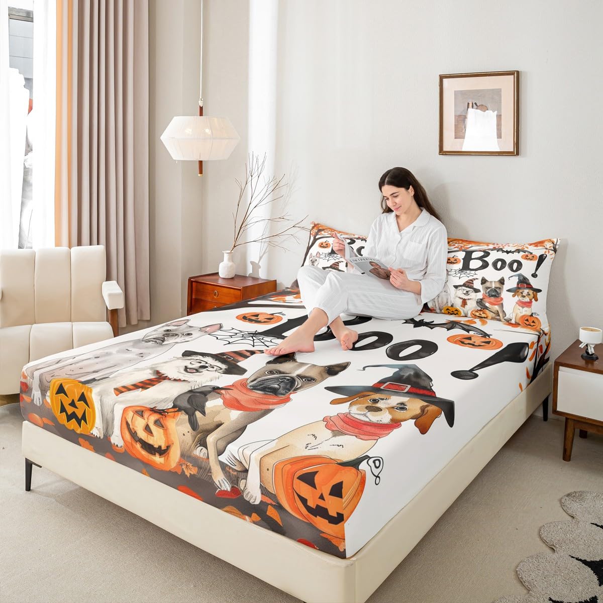 Feelyou Halloween Fitted Sheet Full Size for Kids Boys Girls Pumpkin Bed Sheets Set 16" Deep Pocket Soft Breathable Microfiber Maple Fall Leaves Bedding with 2 Pillowcases Spider Web Room Decor