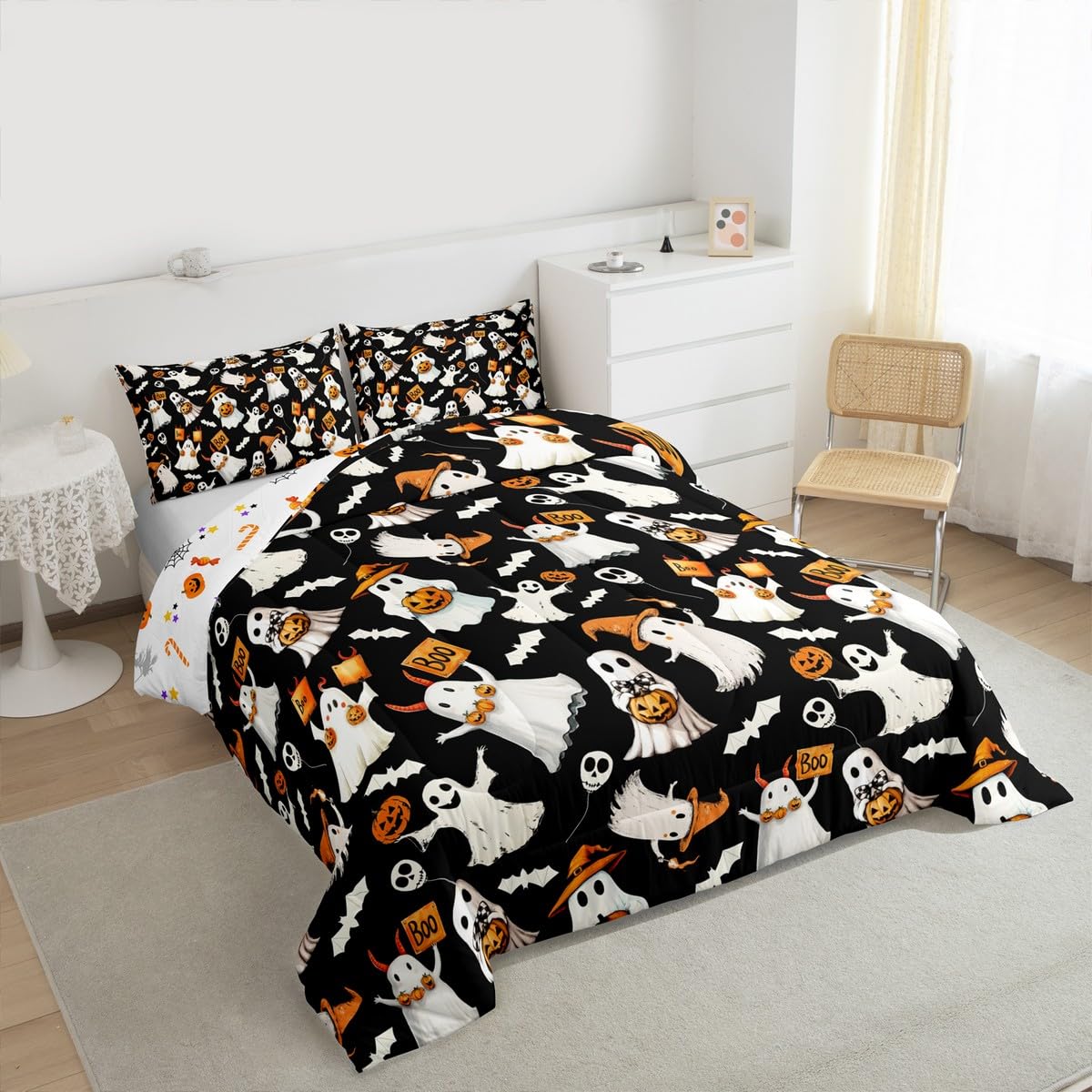 Homewish Happy Halloween Comforter Set Spooky Witch Hat Ghost Comforter Queen Size Gothic Pumpkin Bats Bedding Set for Kids Adult Bedroom Decor Fashion Black Quilt Duvet,3 Pcs with 2 Pillowcase