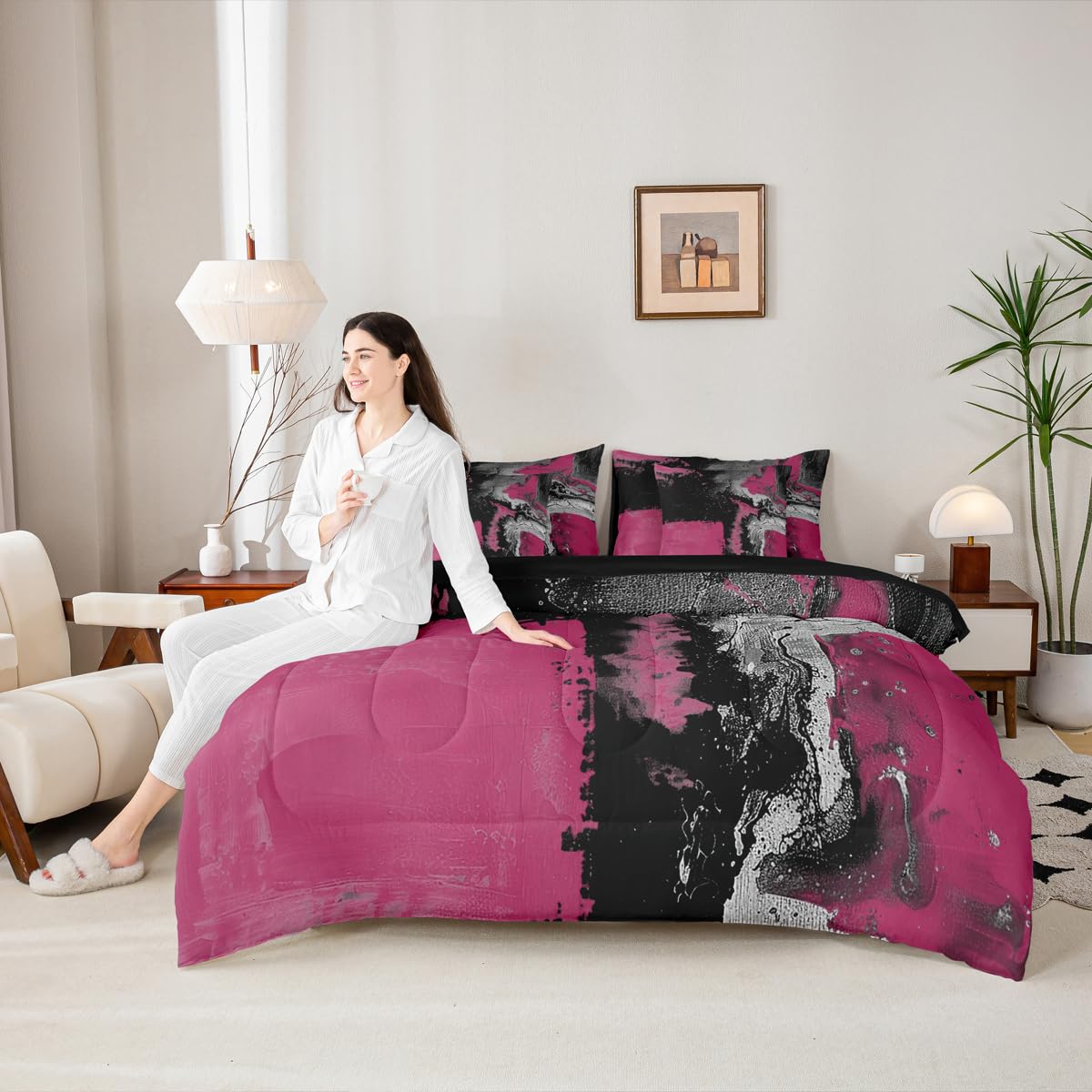 Feelyou Abstract Comforter Set King Size 7 Pieces Modern Abstract Art Bedding Set Luxury Bed in a Bag with Comforter, Sheets, Pillowcases, Cushion Covers Geometric Bedroom Decor Dark Rose Black
