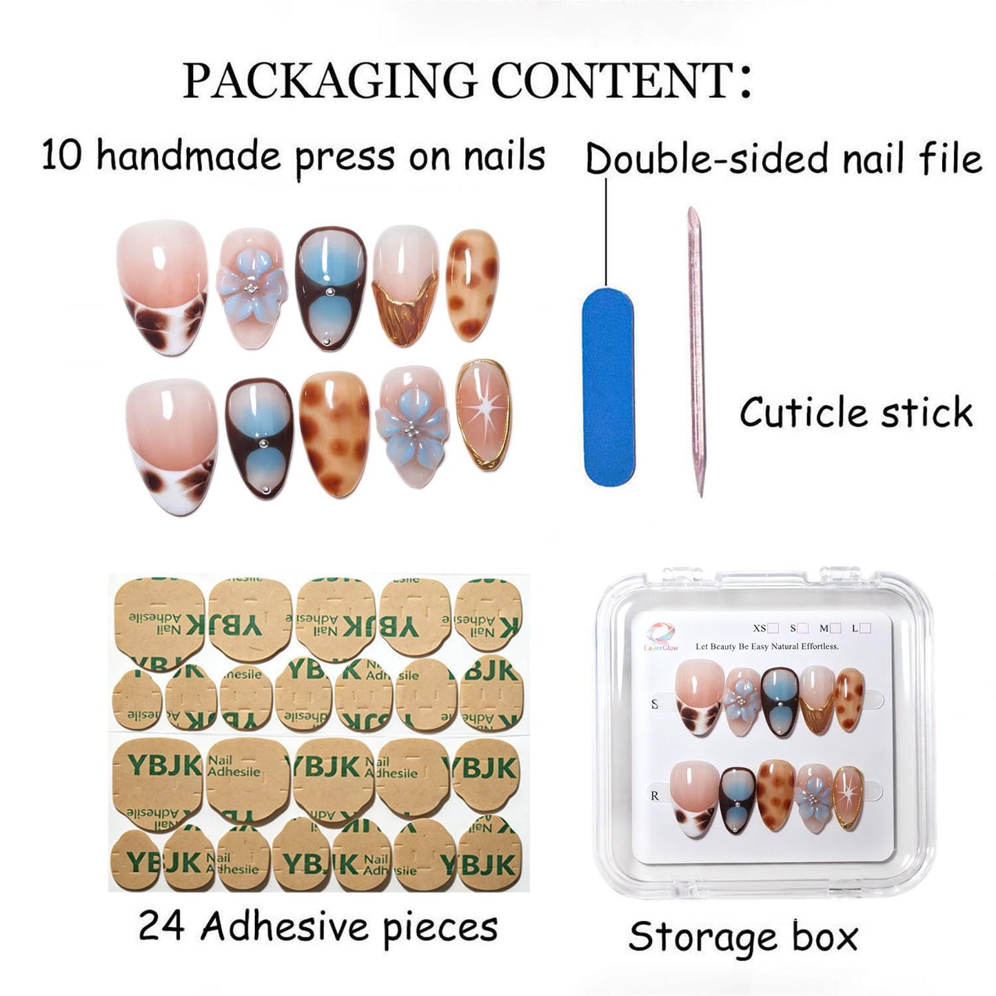 EasierGlow 10 Pcs Handmade Short Almond Press On Nails - Easy Apply & Remove, Reusable Salon Quality | Y2K Tortoise Shell Press Ons with 3D Flower, Starburst & Gold Foil Accents(UO10, S)