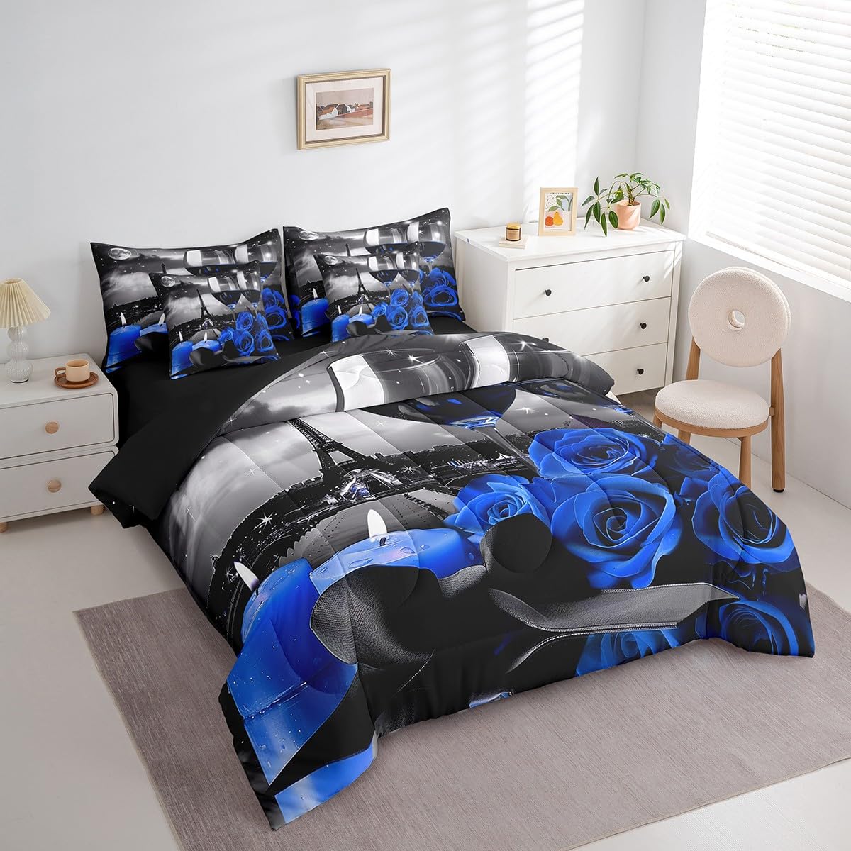 Erosebridal Rose Wine Glass 7 Pcs Comforter Set Full,Girls Eiffel Tower Bed in a Bag with Flat Sheet and Fitted Sheet,Blue Black Rose Floral Flower Romantic Bedding Set with Pillowcase & Sham,Grey