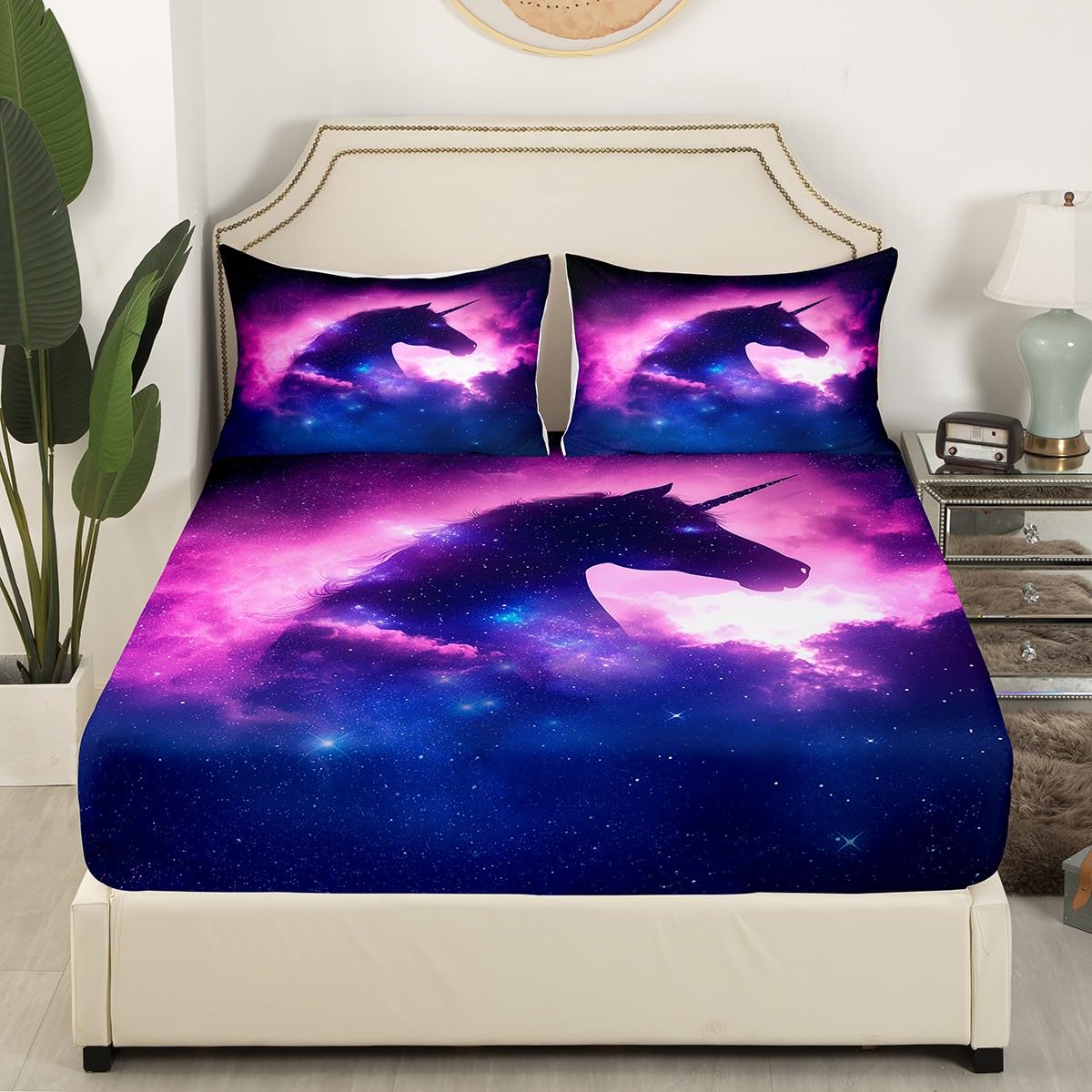 Erosebridal Unicorn Fitted Sheet Twin Size, Galaxy Bed Sheets, Starry Sky Horse Bedding Set for Kids Boys Girls, Modern Fashion Soft Breathable Home Room Decor, Purple