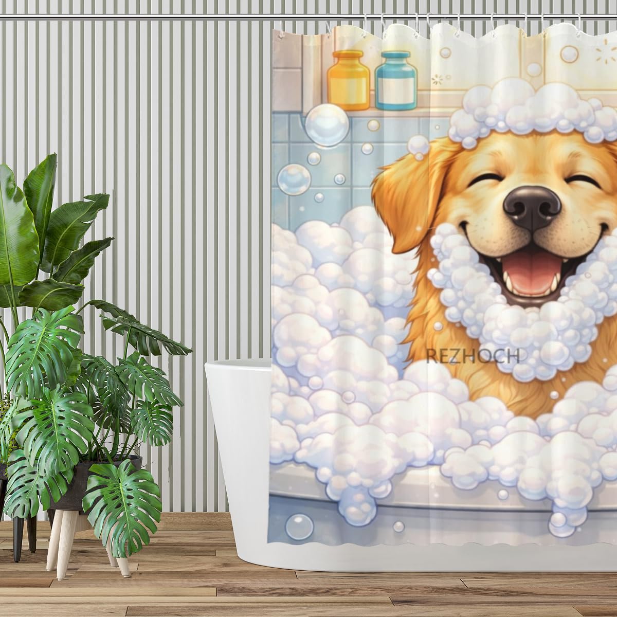 REZHOCH Funny Dog Shower Curtain 72x72Inch,Cute Golden Retriever Bubble Bathroom Decor,Lovely Animal Bathtub Waterproof Fabric Modern Art Humor Farmhouse Home Bath Set with 12 Hooks