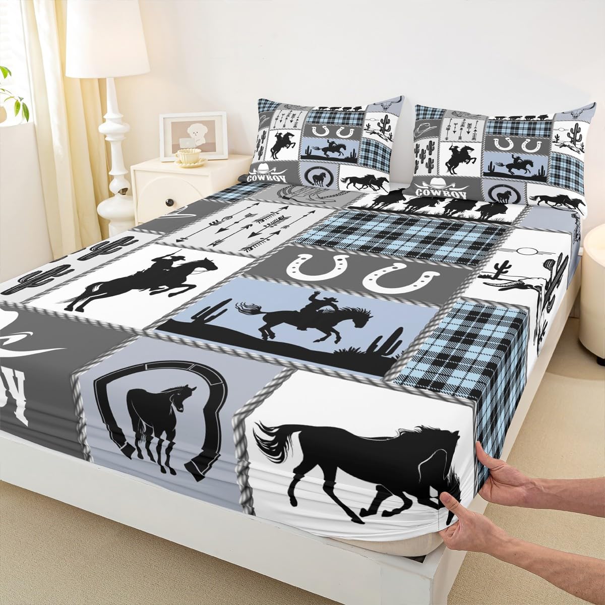 Western Cowboy Kids Fitted Sheet Full Size,Horseshoes Cactus Rustic Farmhouse Bedding Set,Boys Girls Adults Room Decor,Arrow Geometric Plaids Bed Cover,Blue Retro Bed Sheet,2 Pillowcases