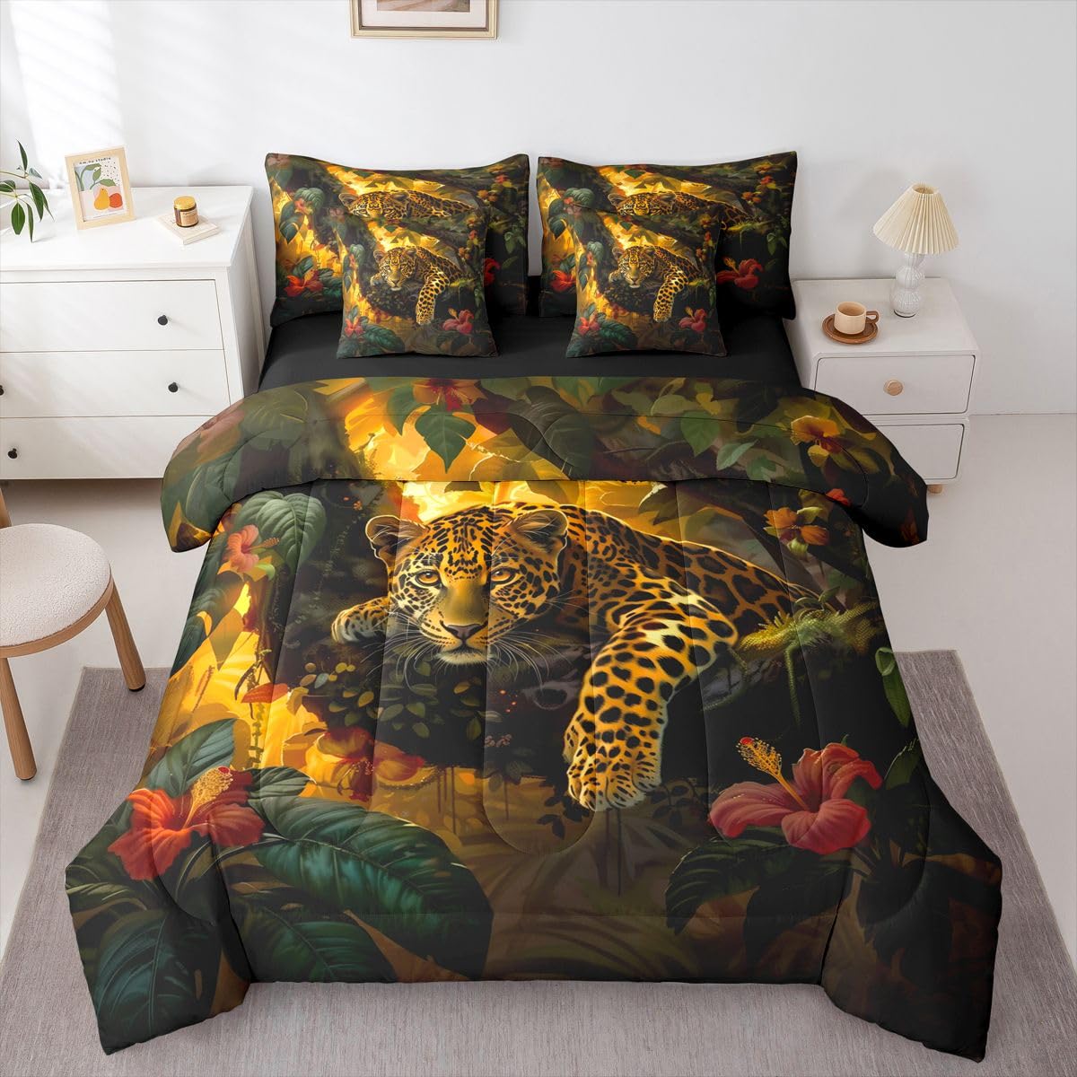 Feelyou Leopard Comforter Set with Sheets 7 Piece Queen Size Cheetah Print Bedding Set for Kids Boys Girls Wild Animal Bed in a Bag Safari Room Decor Soft Microfiber