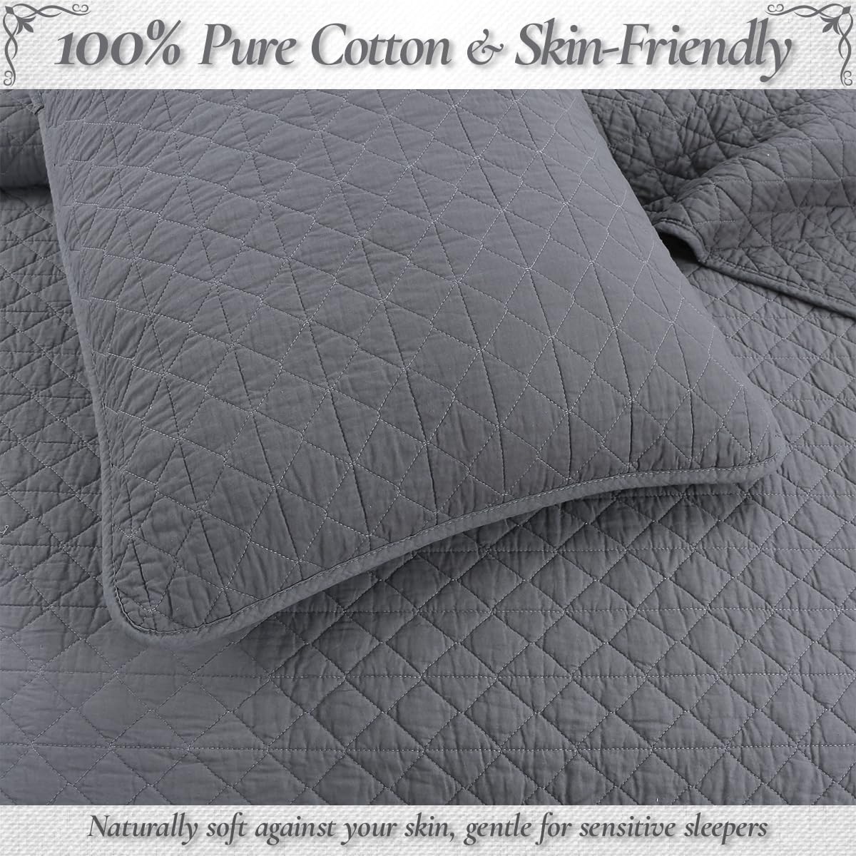 Cozy Line Home Fashions 100% Cotton Quilt Set – 3-Piece Charcoal Gray Solid Classic Modern Quilted Bedspread with Shams, Lightweight All Season Modern Bedding (Diamond Gray, Queen)