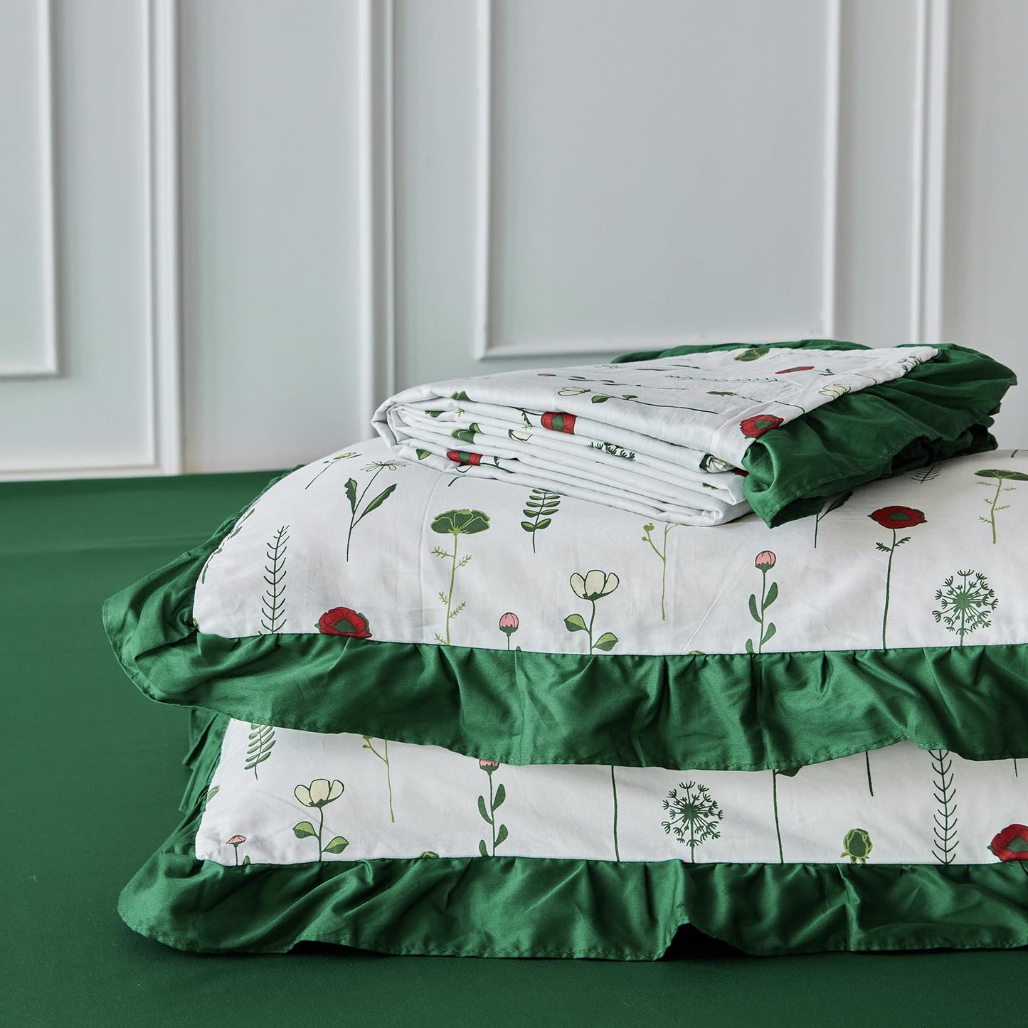 SUSYBAO Emerald Green Ruffle Duvet Cover Queen 100% Cotton 3 Pieces Set 1 White Red Floral Duvet Cover with Zipper Ties 2 Pillow Shams Garden Green Dandelion Botanical Bedding Set Soft