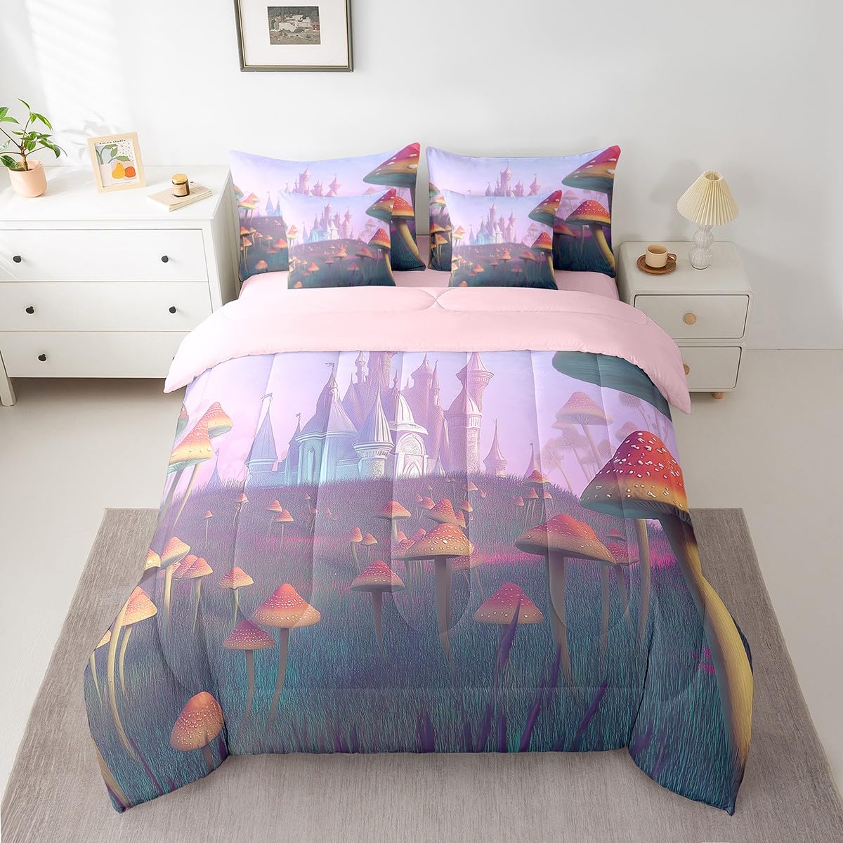Erosebridal Mushroom Comforter Set 7 Piece Bed in a Bag Twin,Magical Castle Bedding Sets Jungle Botanical Sheet Set with Comforter,Nature Plant Bed Set