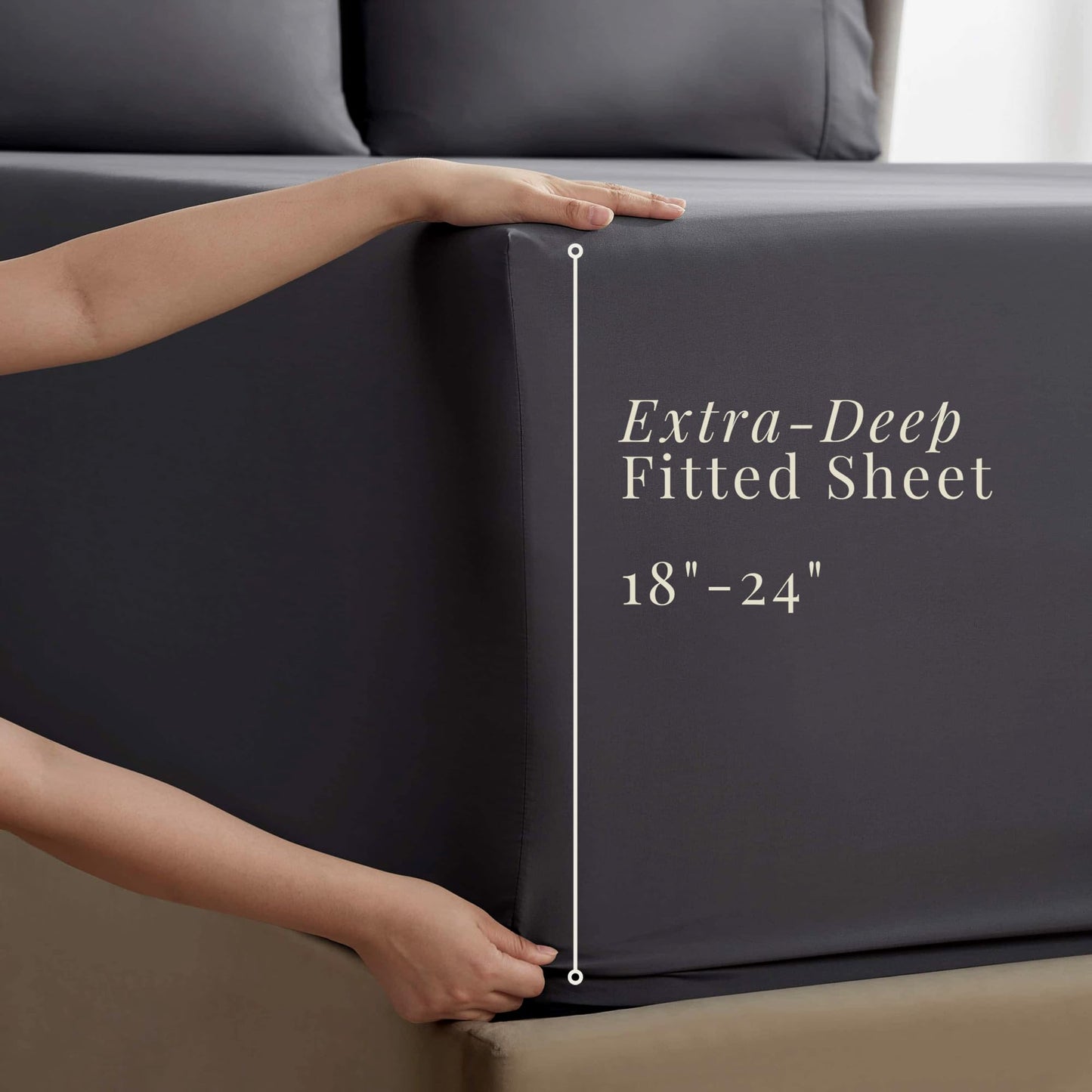 Hearth & Harbor Extra Deep Pocket Queen Sheets Sets - Fits Mattress 18-24 Inches Deep - Extra Deep Pocket Sheets - 6 Piece Queen Size - Grey