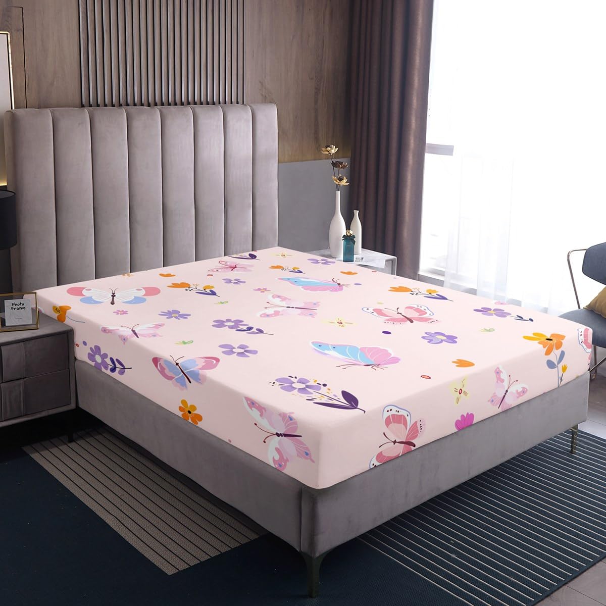 Erosebridal Cute Pink Floral Twin Fitted Sheet,Butterfly Kawaii Bedding Set for Girls Kids,Flower Garden Bed Set,Coquette Girly Flowers Bed Sheets 2Pcs Bedroom Decor (No Flat Sheet)
