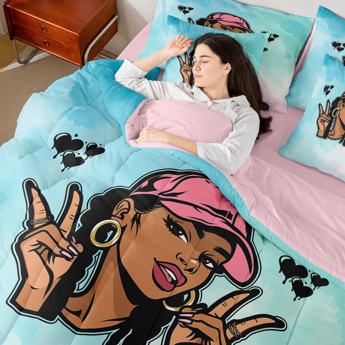 Erosebridal Cute Black Girl Twin Size Bedding Set Hip Hop Pink Hat Y2K 7 Pieces Comforter Set with Sheets for Teens Women Cool African American Bed in a Bag Tie Dye Gradient Pastel Bed Sets