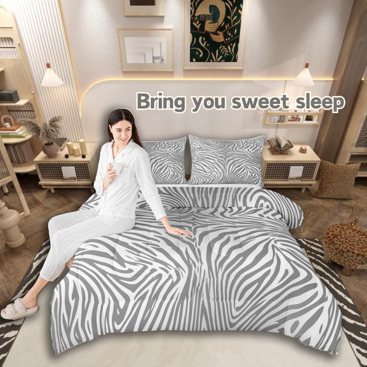 jejeloiu Leopard Bedding Set Soft for Boys Girls, Grey and White Tiger Texture Comforter Set Queen Size Animal Skin Duvet Quilt Cheetah Cowhide Bedroom Decor 3 Pcs with 2 Pillow Cases